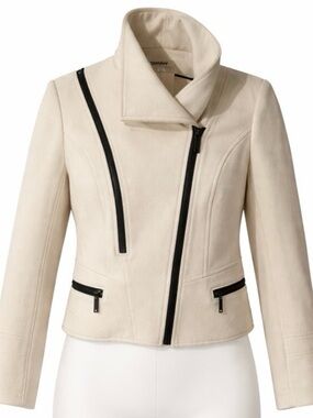 DKNY Cream Wool Blend Moto Jacket Asymmetrical Zip Cropped Designer Coat Sz 6